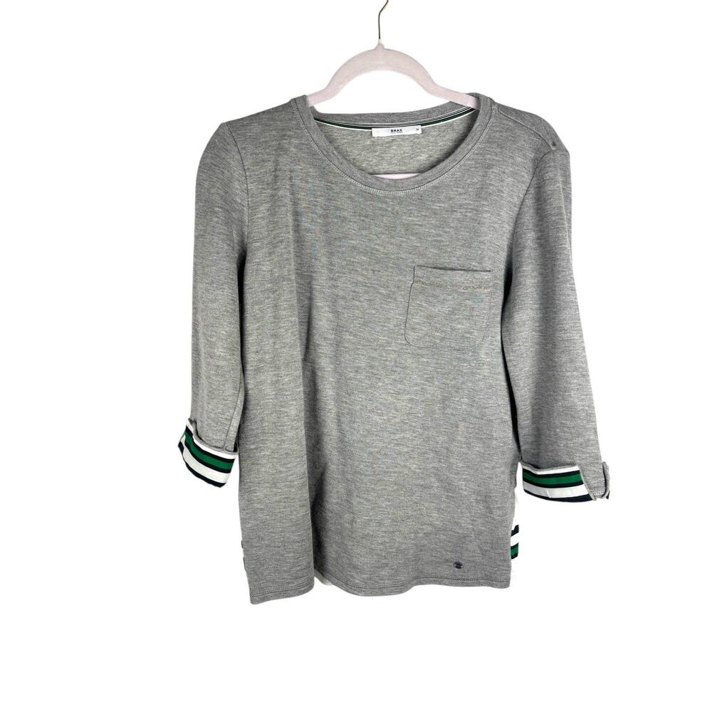 Brax Striped Grey Green Blue Ruffle Cuffed Crew Top 36 Cotton‎ - Picture 6 of 11